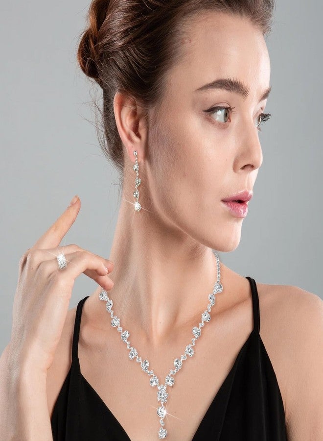 MEDOJO 10Pcs Silvery Rhinestone Jewelry Set for Women Bride Wedding Prom Jewelry Evening Rhinestone Sparkly Clutch Purse Bag Necklace Tennise Layered Bracelets CZ Ring Crystal Drop Earring Set - Image 5